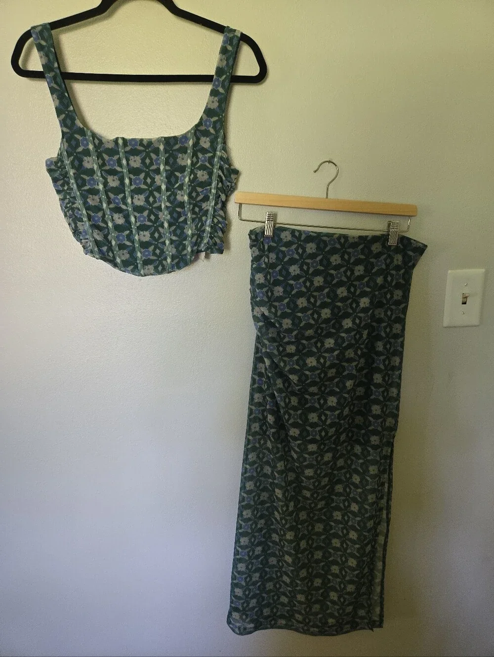 Free People Galaxy Corset Set in Green Combo Skirt Top M